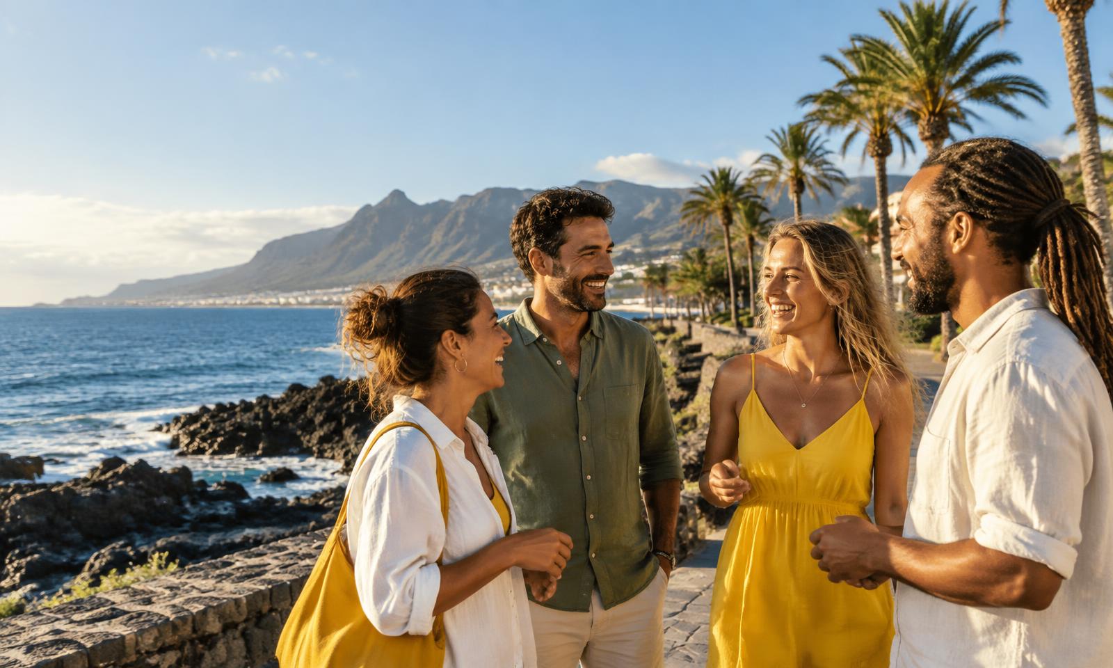 Amici che si incontrano e parlano sulla costa delle Isole Canarie